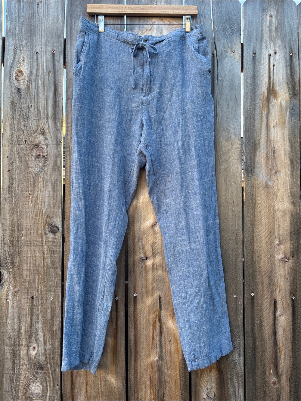 Women’s Drawstring Pull On Linen-Blend Trousers Blue Beachy Coastal Travel L